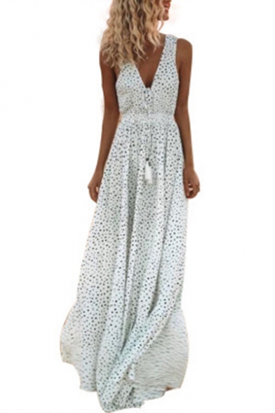 Summer Classic Fashion Polka Dot Printed V-Neck Sleeveless Maxi Beach Dress