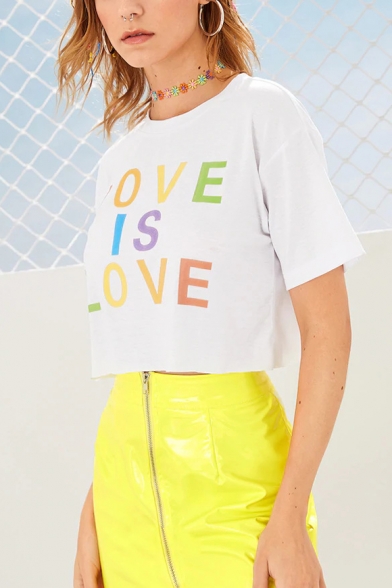 Summer Colorful Letter LOVE IS LOVE Printed Round Neck Short Sleeve White Crop Tee