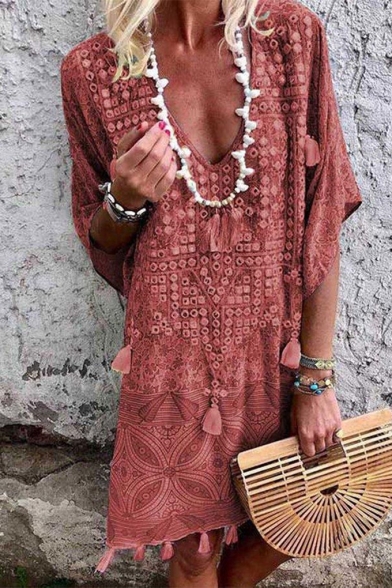 Summer Fashion Holiday Boho Style Tribal Print V-Neck Midi Tassel Dress