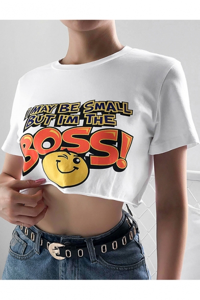 Summer Funny Cartoon Smile Face Letter BOSS Print Casual Loose White Crop Tee