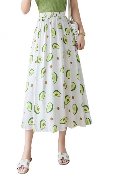 Summer Girls Hot Popular Avocado Printed Elastic Waist Maxi A-Line Flowy Skirt