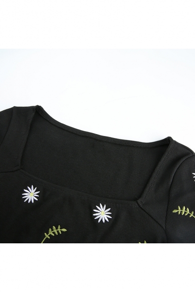 Summer Girls Simple Floral Embroidery Square Neck Short Sleeve Black Fitted Crop Tee
