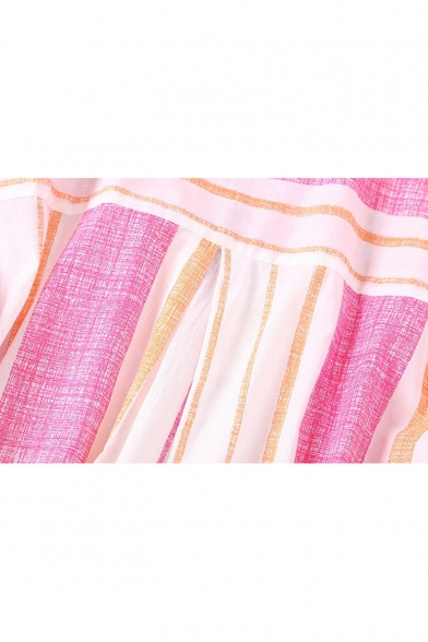 Summer Girls Trendy Pink Stripe Print Tassel Tied V-Neck Casual Loose Blouse
