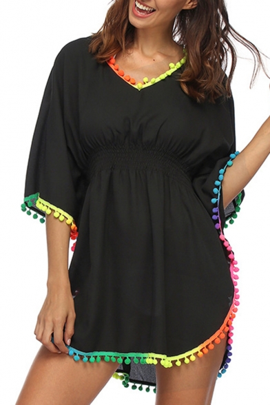 Summer Hot Fashion V Neck Cutout Black Half Bat Sleeves Pompom Trim High Waist Asymmetric Hem Mini Beach Dress