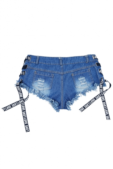 Summer New Fashion Letter Ribbon Lace-Up Side Frayed Hem Hot Pants Denim Shorts