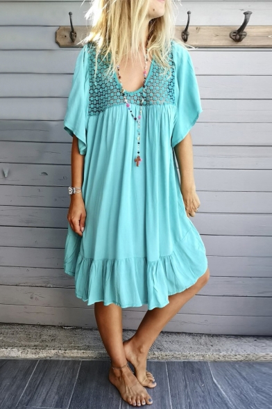 Summer New Stylish Hollow Lace Patched V-Neck Simple Solid Color Casual Midi Ruffled Beach Dress
