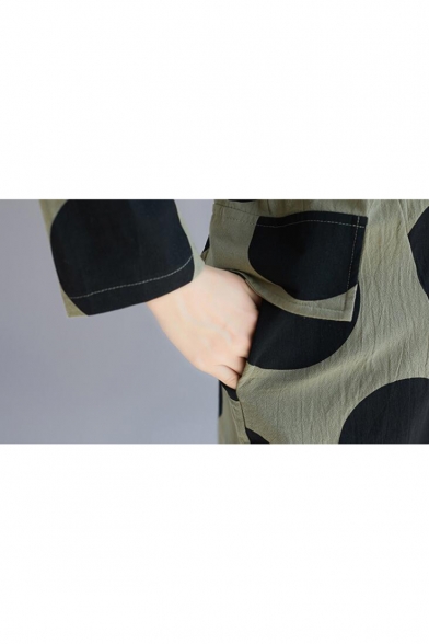 Summer New Stylish Polka Dot Printed Long Sleeve Green Longline Button Down Shirt for Women