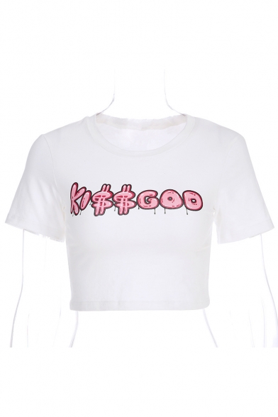 Summer Simple Cool Letter KISS GOD Print Basic Round Neck Short Sleeve White Cropped T-Shirt