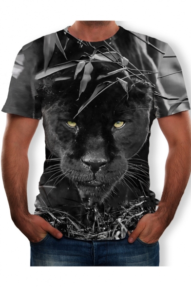 Summer Trendy 3D Lion Tiger Printed Basic Short Sleeve Grey T-Shirt