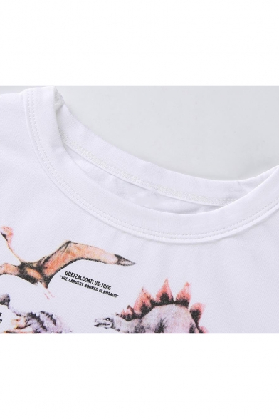 Summer Trendy Dinosaur Printed Round Neck Short Sleeve White Crop Tee