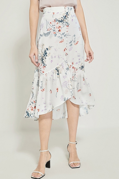 Summer Trendy High Waist White Floral Print Vintage Asymmetric Ruffle Hem Midi Skirt