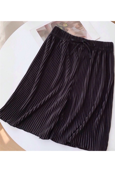 Summer Trendy Simple Plain Comfort Drawstring Waist Pleated Casual Pull On Shorts