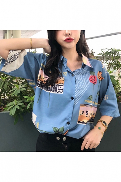 Summer Vintage Blue Rose Floral Print Short Sleeve Holiday Hawaiian Shirt