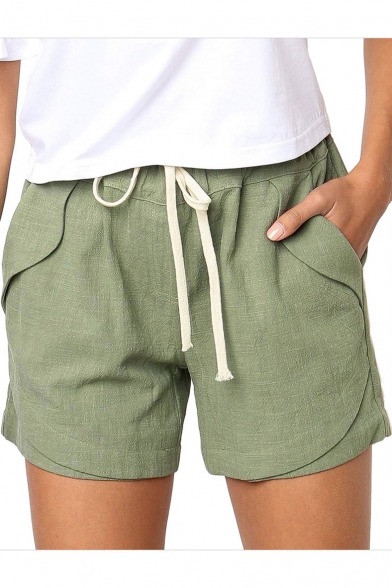 KLJR Women Loose Fit Elastic Waist Summer Wide Leg Pockets Solid Color Shorts 