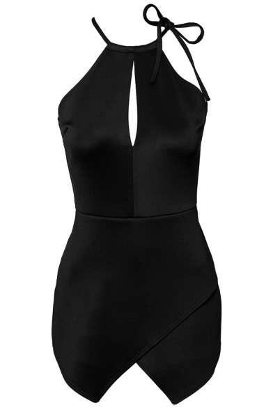 Summer Womens Fashion Black Sleeveless Halter Neck Cutout Back and Front Asymmetric Hem Beach Rompers