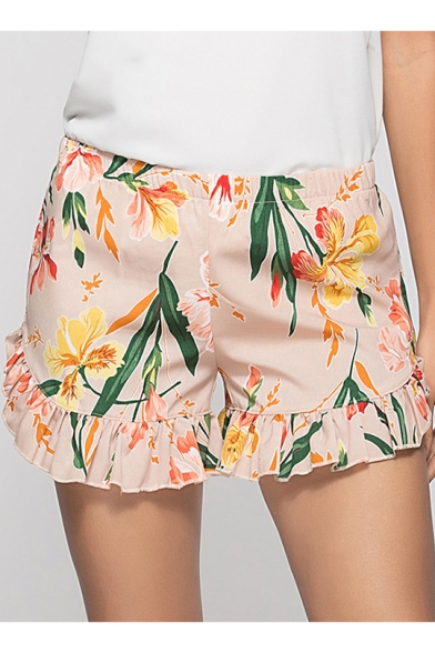 Summer Womens Summer Chic Fancy Floral Printed Elastic Waist Ruffled Hem Casual Shorts