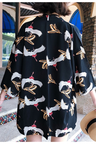 Summer Womens Trendy Crane Pattern Three-Quarter Sleeve Holiday Kimono Blouse