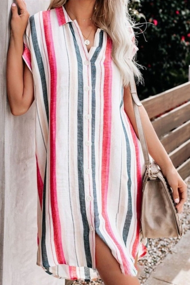 Summer Womens Trendy Vertical Striped Short Sleeve Button Down Casual Mini Shirt Dress