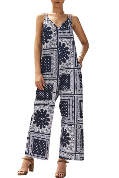Trendy Boho Style Tribal Geometric Floral Printed Spaghetti Straps Open Back Loose Navy Wide-Leg Jumpsuits