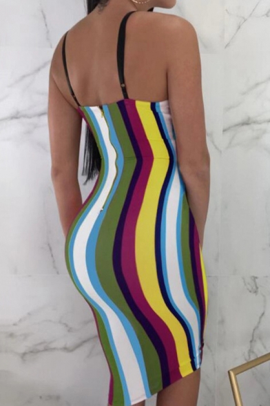 Trendy Colorful Striped Printed Lace-Up Gathered Waist Midi Bodycon Cami Dress