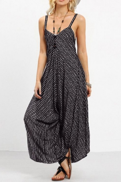 Trendy Fancy Sexy V-Neck Stripped Spaghetti Straps Sleeveless Tie-Back Loose Jumpsuits for Girls