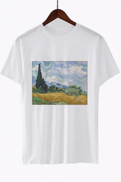 Trendy Oil Painting Printed Round Neck Short Sleeve Loose Casual White Tee