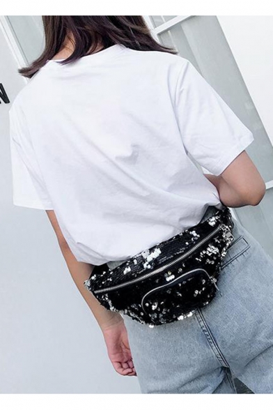 Trendy Plain Sequin Crossbody Belt Bag with Zipper Pocket 37*3*15 CM