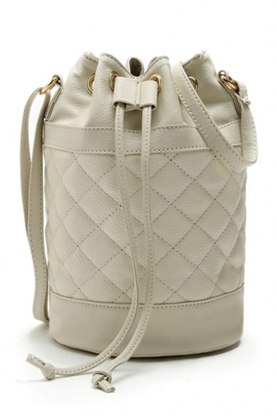 Trendy Solid Color Diamond Check Quilted Drawstring Bucket Bag for Women 18*23*23 CM
