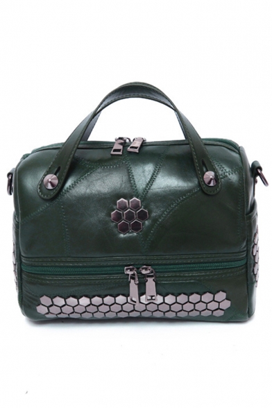 Trendy Solid Color Zipper Rivet Embellishment Sheepskin Satchel Boston Bag 25*18*12 CM