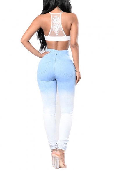 Unique Fashion High Rise Ripped Ombre Color Blue and White Skinny Fit Jeans