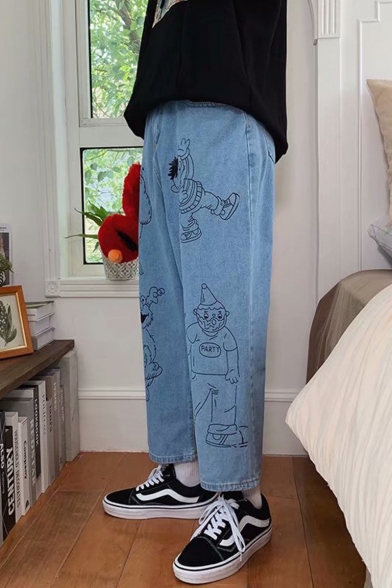 Unisex Cartoon Figure Printed Straight Wide Leg Blue Casual Jeans