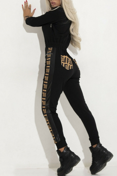 Women Hot Popular Classic Black Long Sleeve Zip-Front Tribal Printed Side Sport Jumpsuits