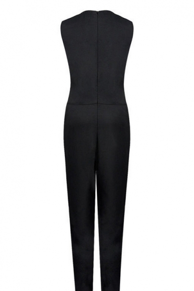 Women Hot Stylish Simple Plain Sleeveless Lace Cutout Zipper-Back Slim Jumpsuits