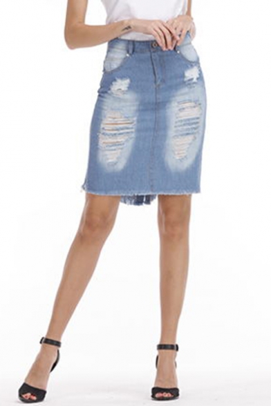 Women's High Rise Distressed Ripped Fringed Hem Mini Blue Bodycon Denim Skirt