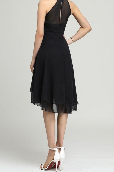 Women's Simple Plain Halter Neck Sleeveless High Low Hem Midi A-Line Chiffon Dress