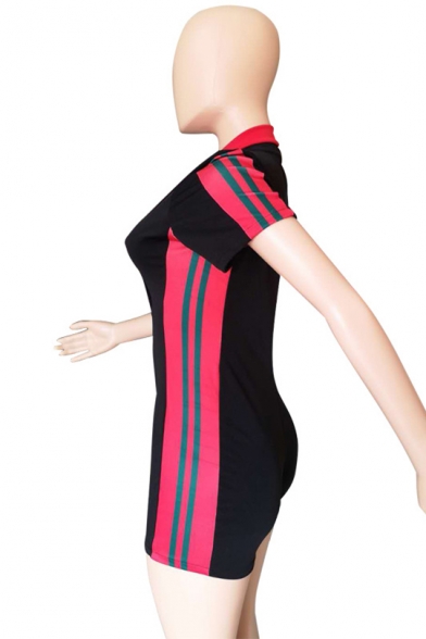 Womens Fancy Hot Stylish Black Zip-Front Striped Side Short Sleeve Romper