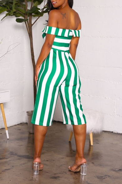 Womens Fashion Fancy Off Shoulder Green and White Striped Print Bustier Romper