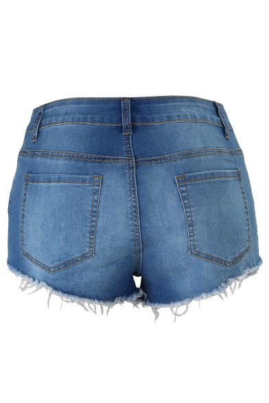 Womens Fashion High Rise Distressed Frayed Hem Blue Skinny Hot Pants Denim Shorts