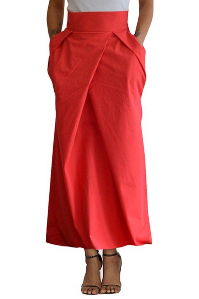 Womens Fashion High Waist Simple Solid Color Maxi Red Tulip Skirt with Pocket