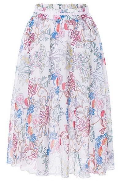 Womens Fashion Holiday Boho Style Colorful Stripe Print Chiffon Midi A-Line Beach Skirt