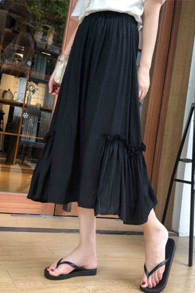 Womens Fashion Plain Elastic Waist Casual loose A-Line Midi Flared Skirt