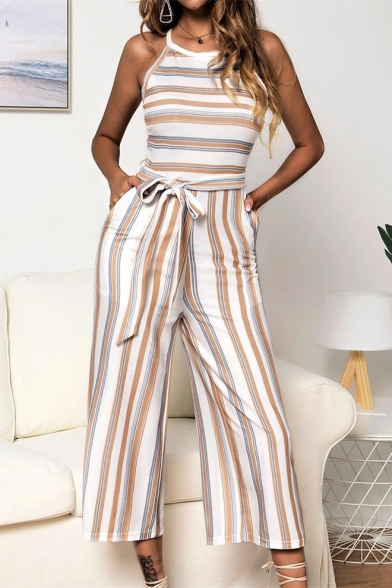 Womens Halter Neck Sleeveless Stripped Print Tie Waist Casual Loose Holiday Wide Leg Jumpsuit