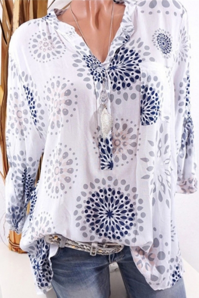 Womens Hot Fashion Circle Print Button V-Neck Long Sleeve Loose Fit Blouse Top