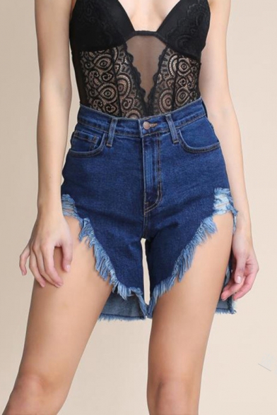 Womens Hot Fashion Distressed Fringed Hem Shredded Slouch Denim Shorts
