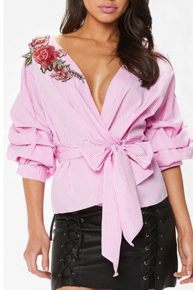 Womens Hot Fashion Plunge V Neck Plain 1/2 Sleeve Rose Embroidered Striped Print Bow-Tie Wrap Shirt Blouse