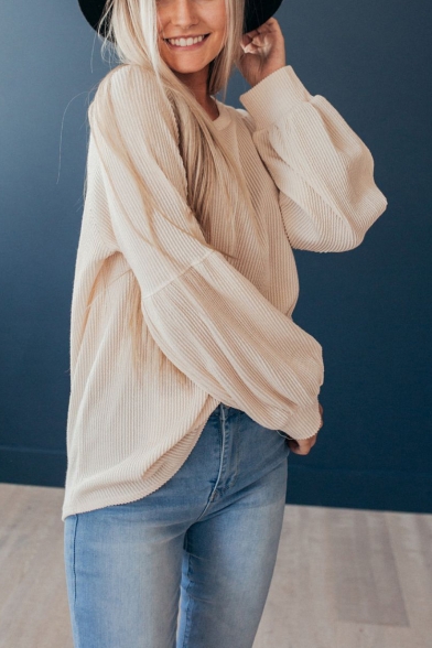 Womens Hot Popular Simple Plain Round Neck Lantern Long Sleeve Loose Fit Pullover Sweatshirt