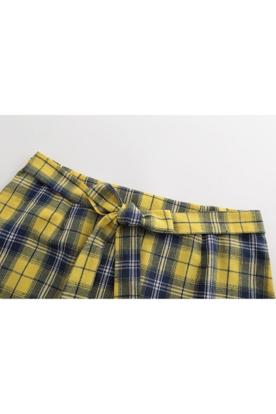 Womens Hot Popular Yellow Check Printed Bow-Tied Waist Wrap Front Skort Shorts
