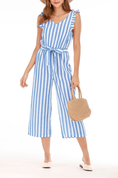 Womens Hot Trendy Ruffle Trim Plunge V Neck Striped Print Sleeveless Casual Loose Beach Jumpsuits