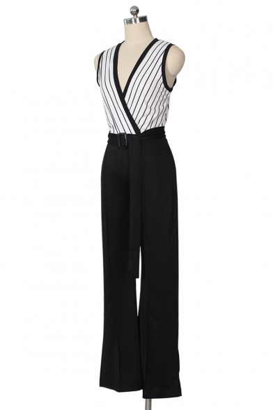 Womens Hot Trendy Stripped Print Sleeveless Plunge V Neck Belt Waist Patch Flare Leg Fitted Jumpsuits
