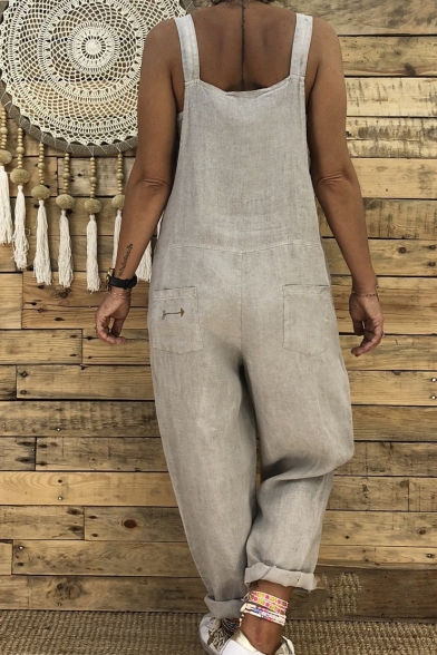 Womens Plain Hot Popular Straps Sleeveless Loose Casual Overall Jumpsuits